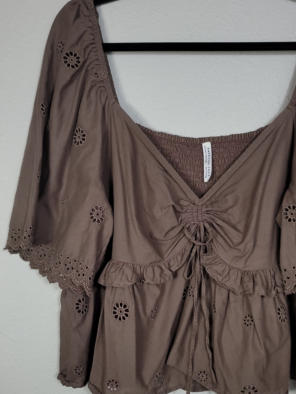 American Eagle Eyelet Babydoll Top Size XXL Brown - Picture 2 of 11